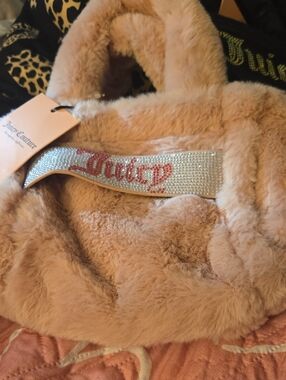 Juicy Couture Plush Pink Faux Fur Tote with Crystal Logo Strap